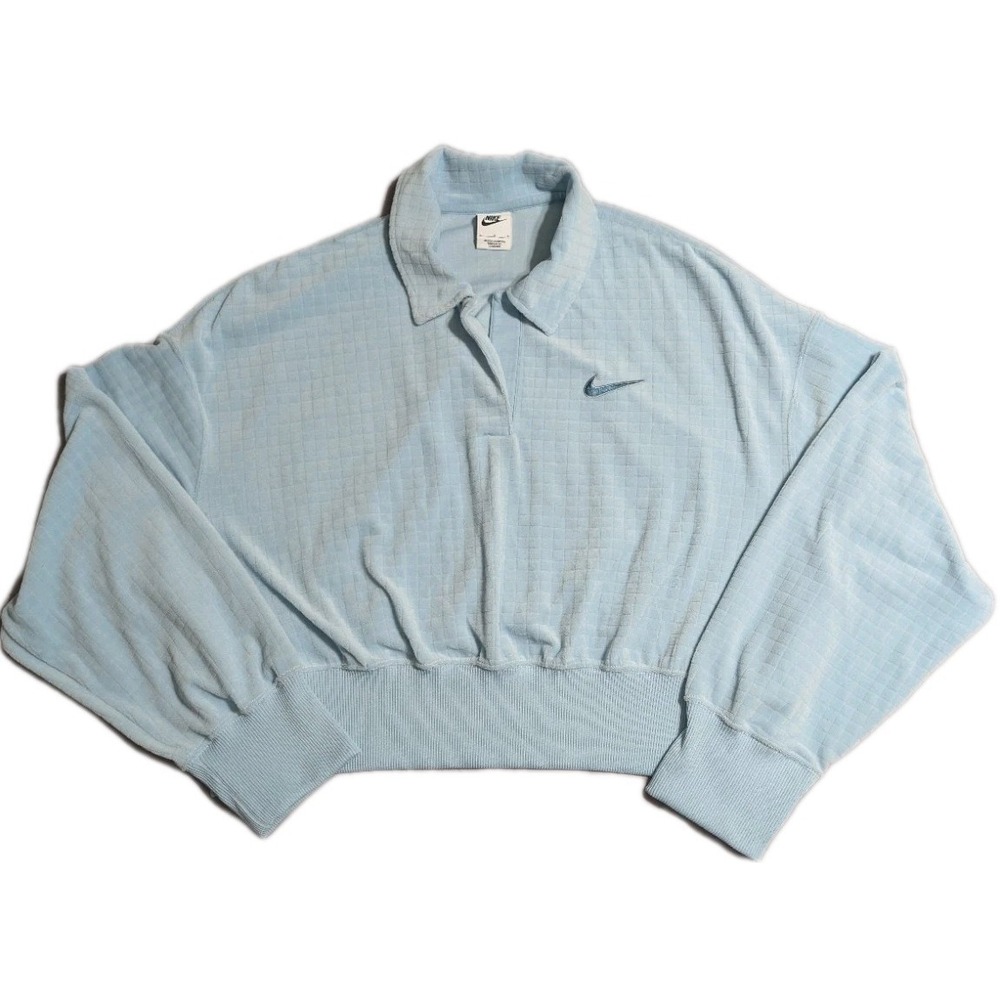 Nike Womens Cropped Velour Polo Sweatshirt Blue Grid Textured Oversized L